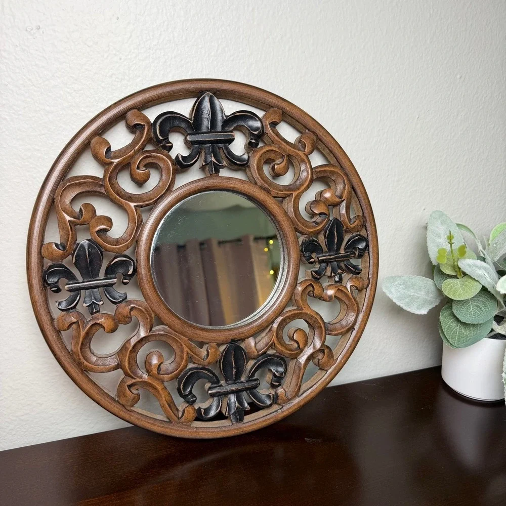 Round Wood‎ Fleur de Lis Wall Mirror Brown Black Scrollwork Ornate
